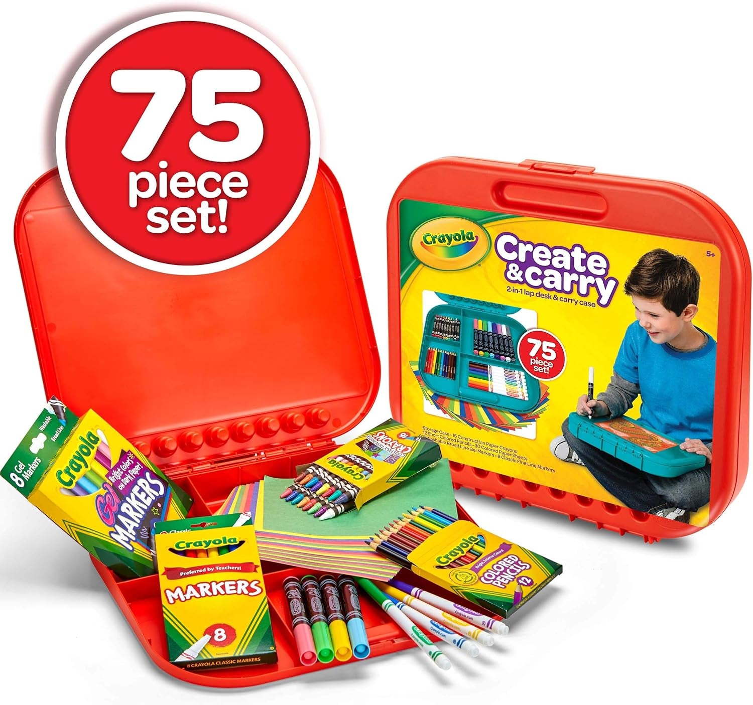 Create 'N Carry Art Set (75Pcs), 2-In-1 Lap Desk & Carrying Case, Art Kit for Kids Crafts, Drawing & Coloring Supplies, Easter Gifts for Kids