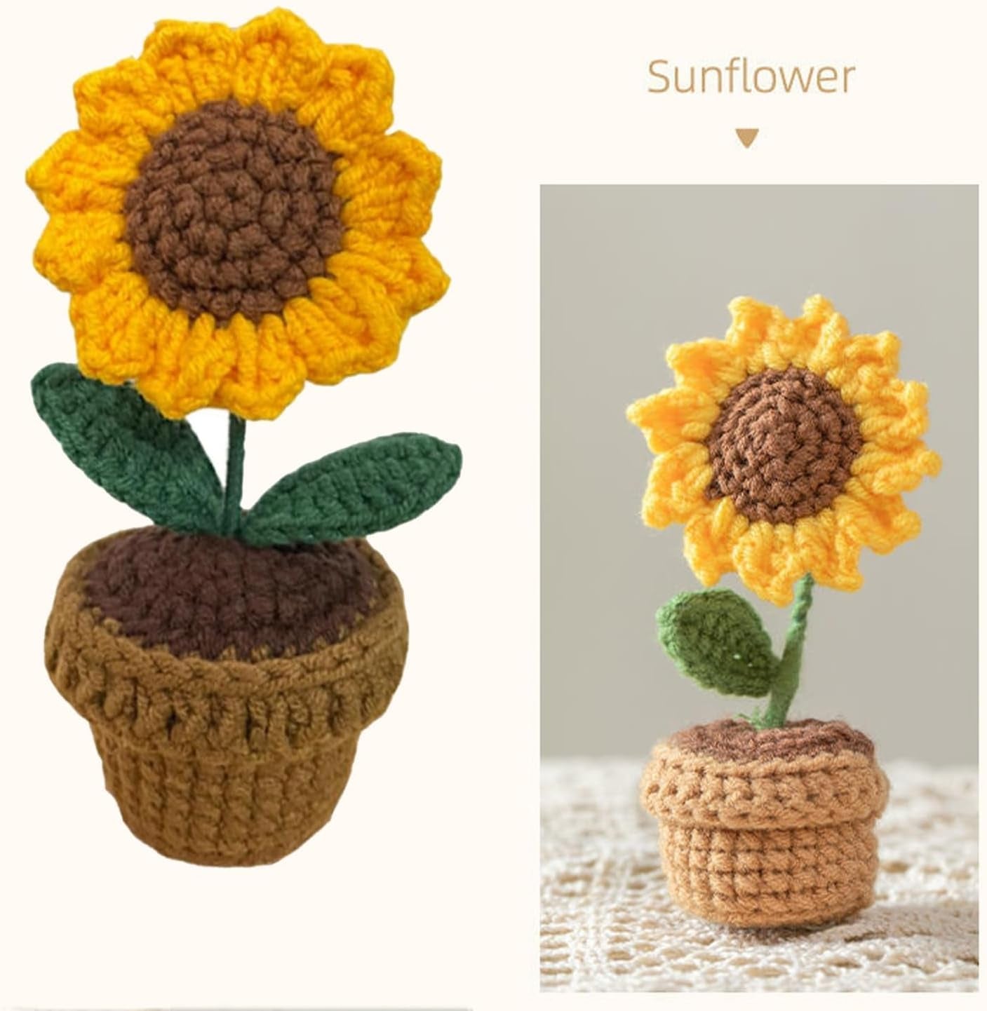 Crochet Flowers, Sunflower Crochet Potted Flowers, Finished Handmade Crochet, Small Artificial Flower Pot Hand Knitted Crochet Gifts, for Home Office Desktop Ornament, Gift for Lover or Family