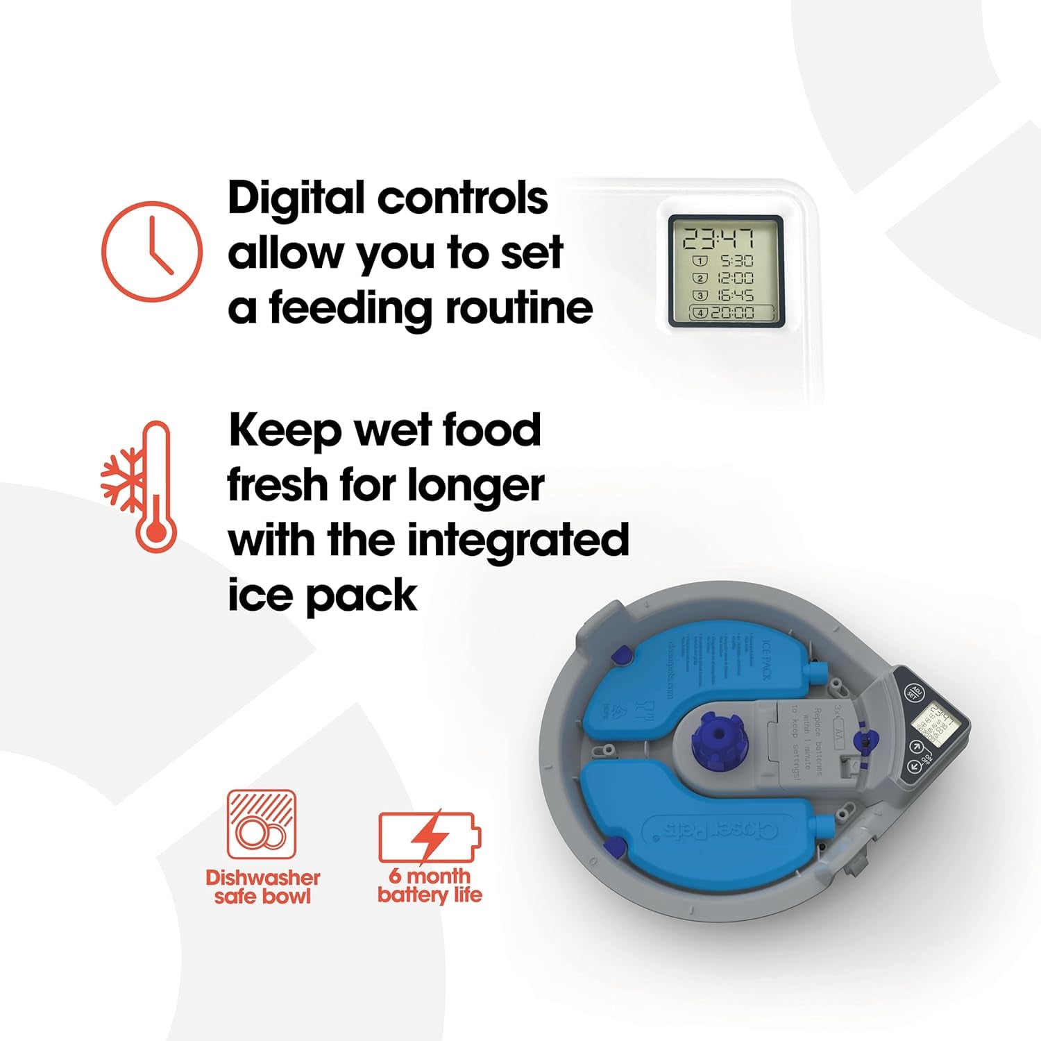 C500 Automatic 5 Bowl Pet Feeder with Digital Timer for Wet or Dry Pet Food, for Cats and Small Dogs, 5 Meals up to 330G Each, with Twin Ice Packs for Food Freshness , White