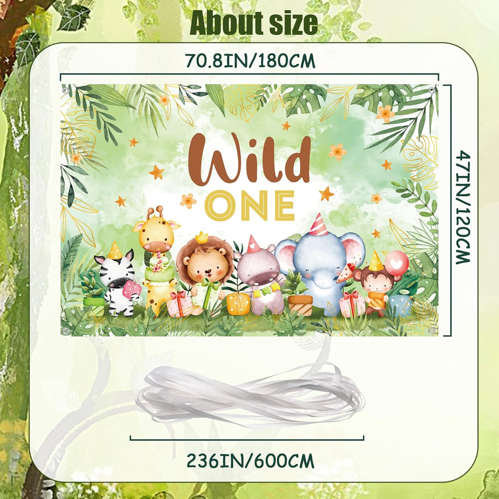 Wild One Birthday Decorations Backdrop - Happy 1St Birthday Decoration Banner for Boys Girls, Jungle Animal First Party Photo Background, Kids Cartoon Animal Theme Banners Poster(180 X 120 CM)