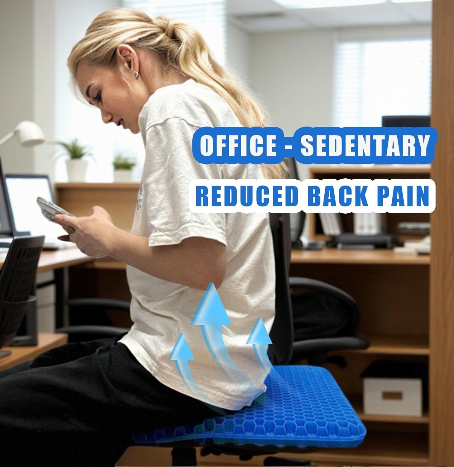 Gel Seat Cushion for Long Sitting - Honeycomb Design for Sciatica & Coccyx Pain Relief - Non-Slip, Breathable - 42X37X3.7Cm for Car/Office/Wheelchair