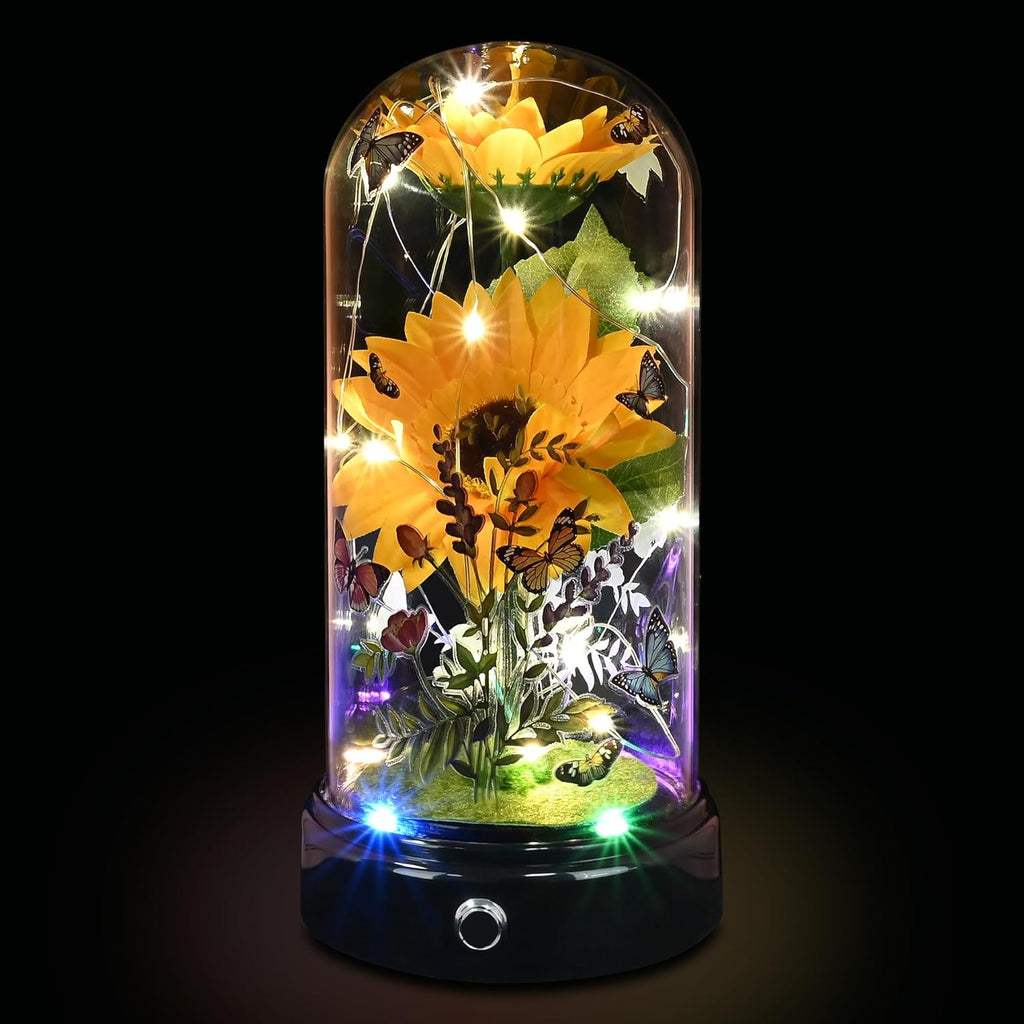 Mothers Day Flower Gifts for Mum, Artificial Sunflower in Glass Dome, Light up Flower Is Unusual Sunflower Gifts for Women/Mum/Wife/Her on Valentines Day Mothers Day Anniversary Birthday Christmas