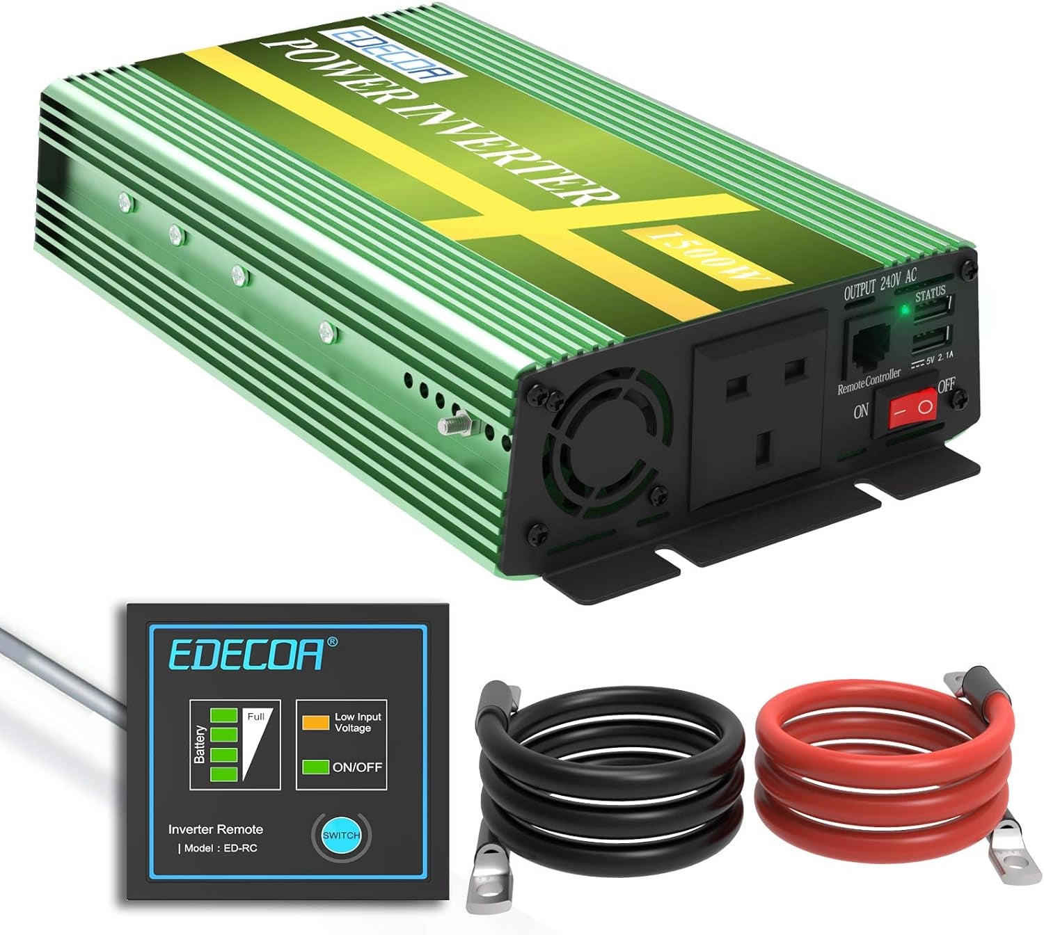 1500W Power Inverter DC 12V to 240V AC - Car Power Converter 3000W Peak with 2 USB Ports, UK Outlets, Remote Controller and Cooling Fan