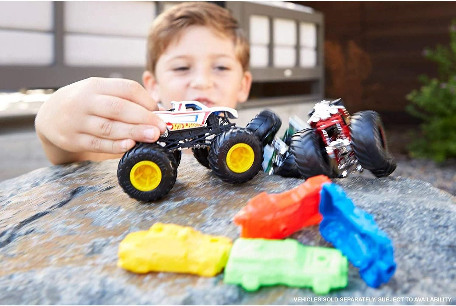 Monster Trucks Set, 1 Toy Truck in 1:64 Scale & 1 Crushable Car, Vehicle Play for Kids & Collectors (Styles May Vary)