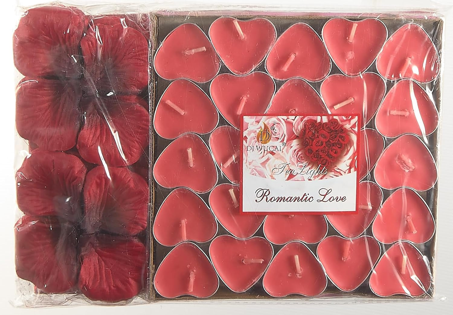 Romantic Decorations, Candles and Petals Set, 50 Love Heart Shaped Floating Tea Lights Candles + 1000 Silk Red Rose Petals + 5 Red Heart Shaped Foil Balloons for Wedding, St Valentine and Engagement