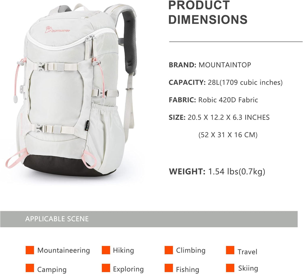 Small Hiking Backpack 28L Travel Daypack Lightweight for Women for Outdoor Camping, 20.5×12.2×6.3 In，Ivory