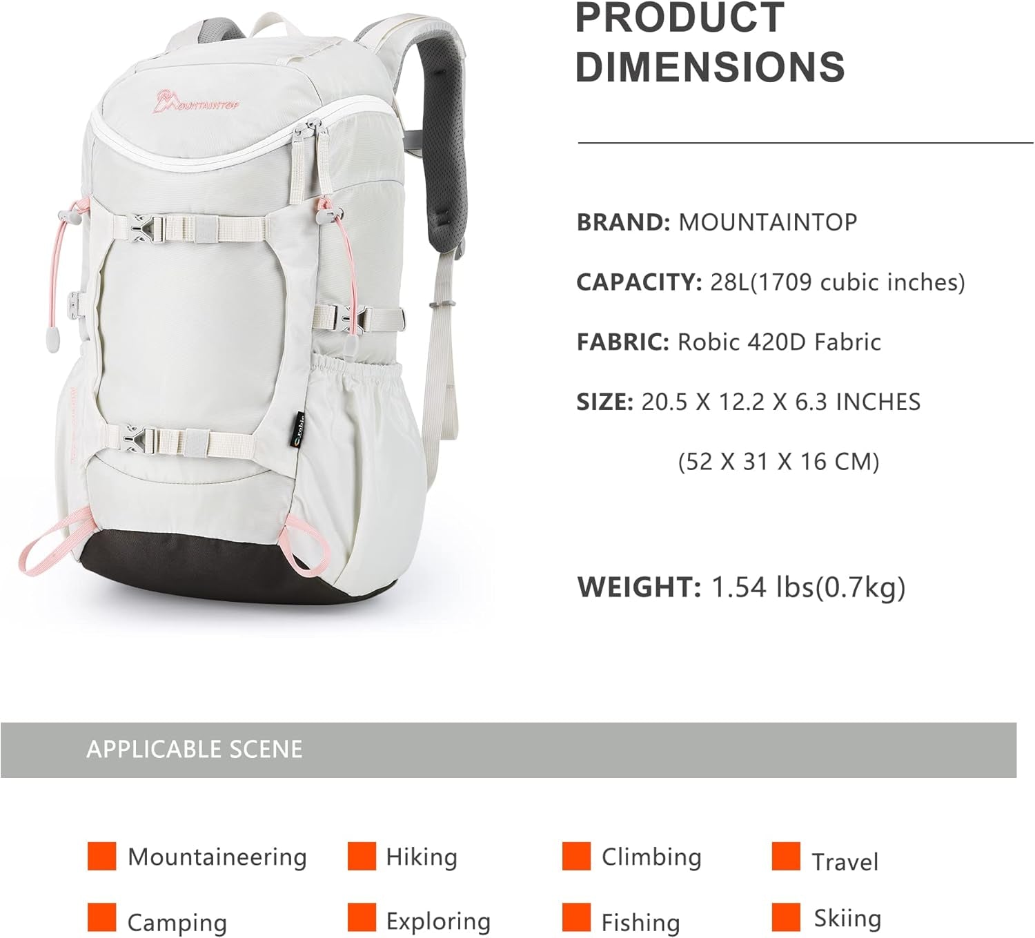 Small Hiking Backpack 28L Travel Daypack Lightweight for Women for Outdoor Camping, 20.5×12.2×6.3 In，Ivory