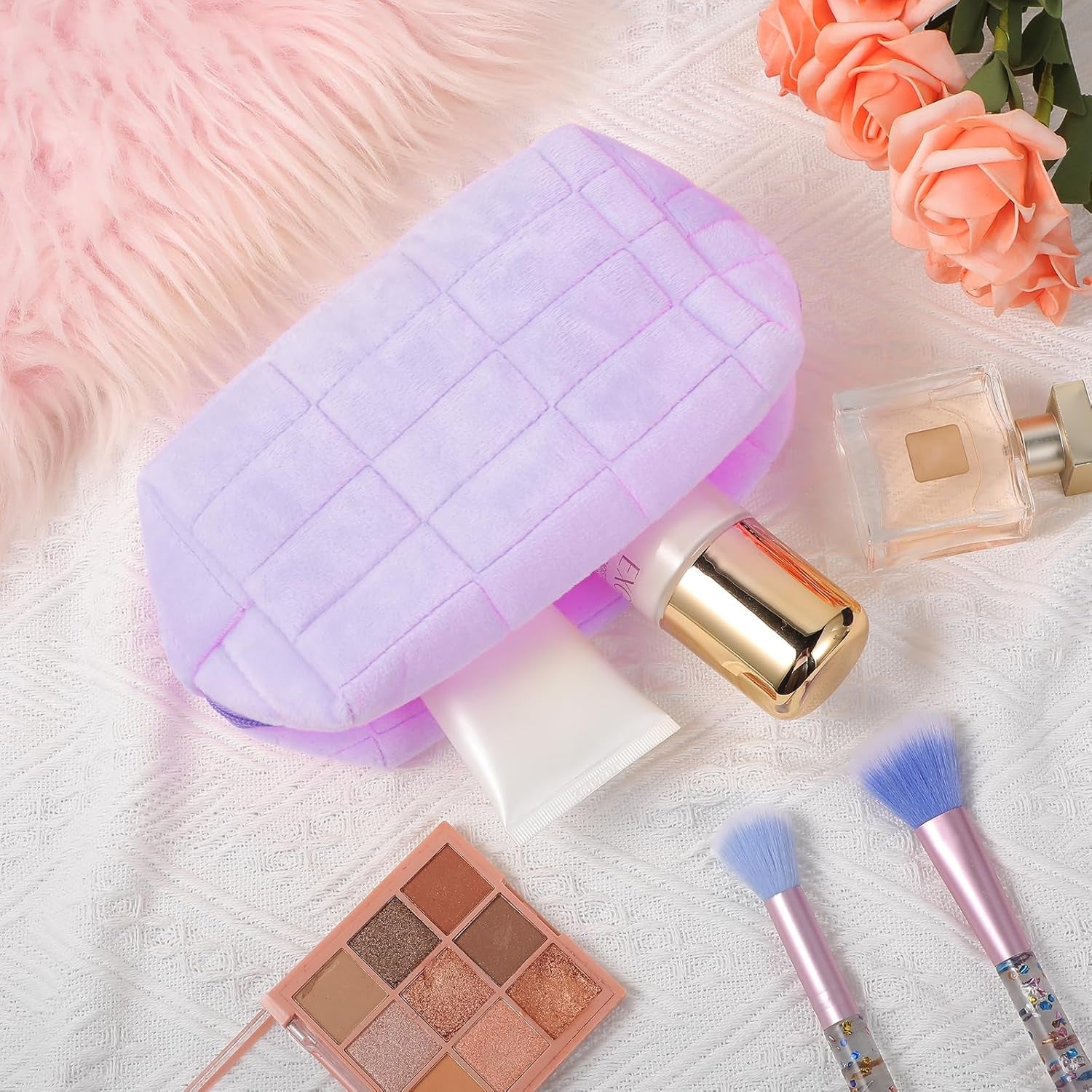 Makeup Bag Soft Pouch Pencil Case Aesthetic Cosmetic Pouch Bathroom Shower Fuzzy Plush Toiletry Organizer Make up Organize Accessories Travel Bag Y2K Purse Containers Women (Purple)