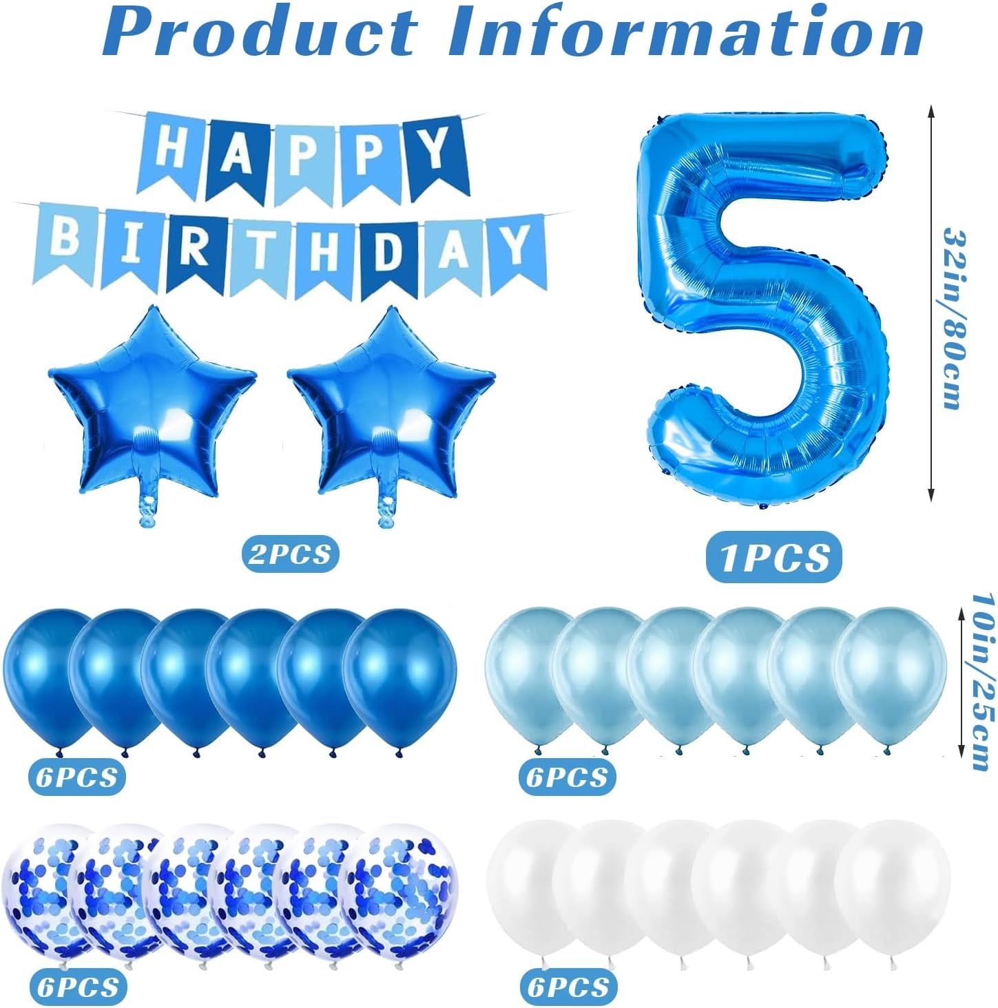 5Th Birthday Decorations for Boys, Number 5 Balloon, Blue Silver 5Th Party Decorations, Happy Birthday Bunting Banner, 32Inch Foil Number 5 Balloons Set for Birthday Party Anniversary Decorations