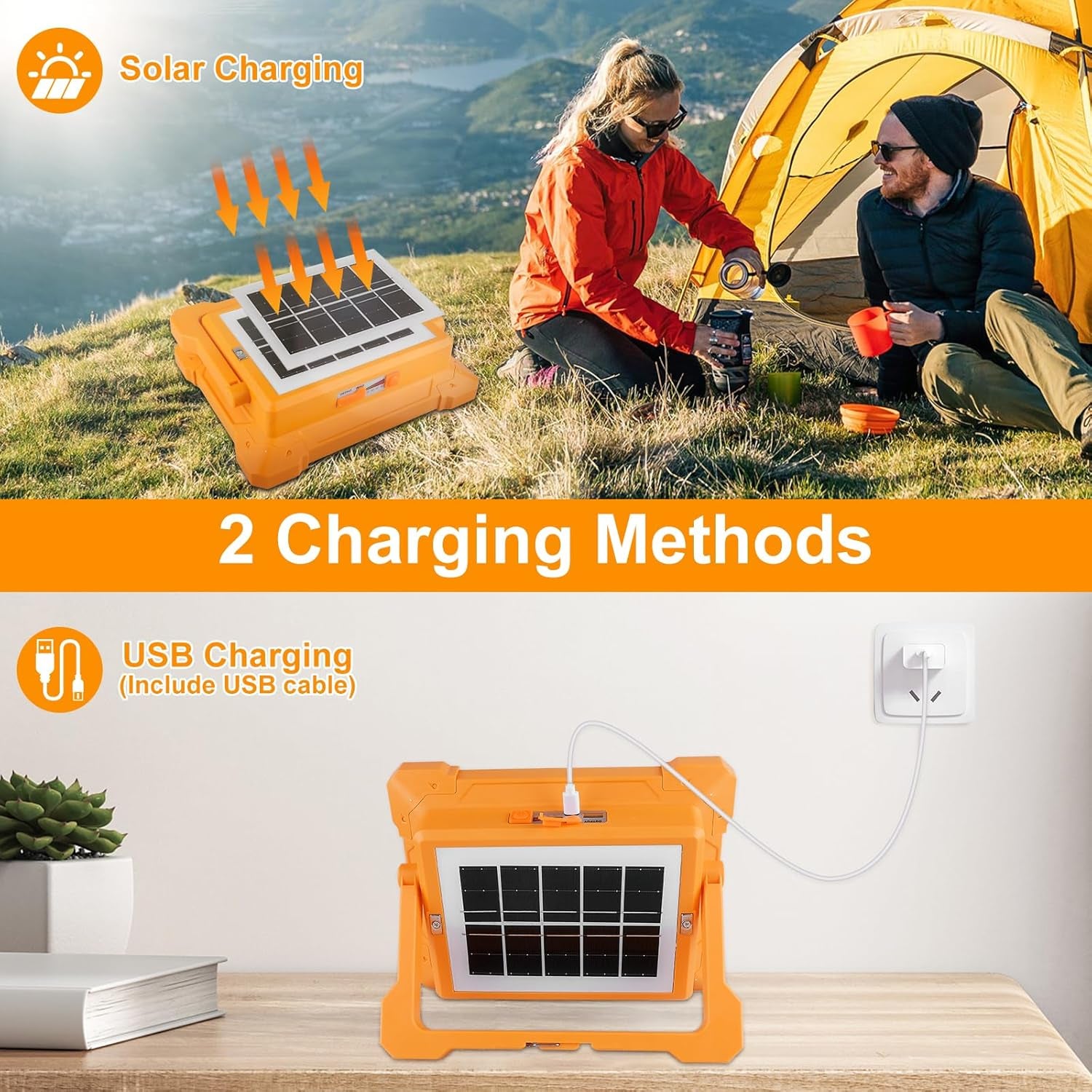 100W Portable Rechargeable Work Lights, 348 Leds Solar Flood Lights Outdoor with USB IP66 Waterproof 12000MAH 5000LM 4 Light Modes and Magnetic Suction for Yard, Garage, Fishing, Hiking