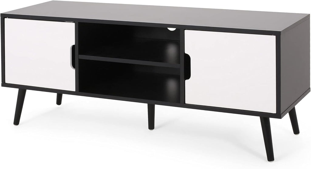 Lena TV Stand with 2 Doors and 2 Shelves, Black, White