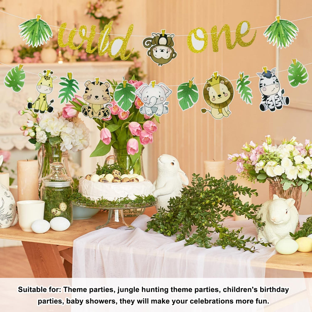 Wild One Jungle Animal Birthday Banner - Safari Theme Party Decoration for First Birthday, Easy to Hang