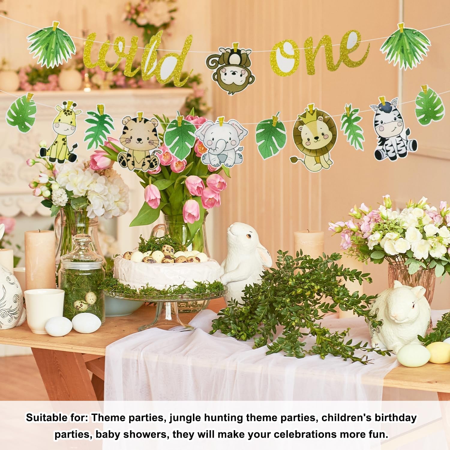 Wild One Jungle Animal Birthday Banner - Safari Theme Party Decoration for First Birthday, Easy to Hang