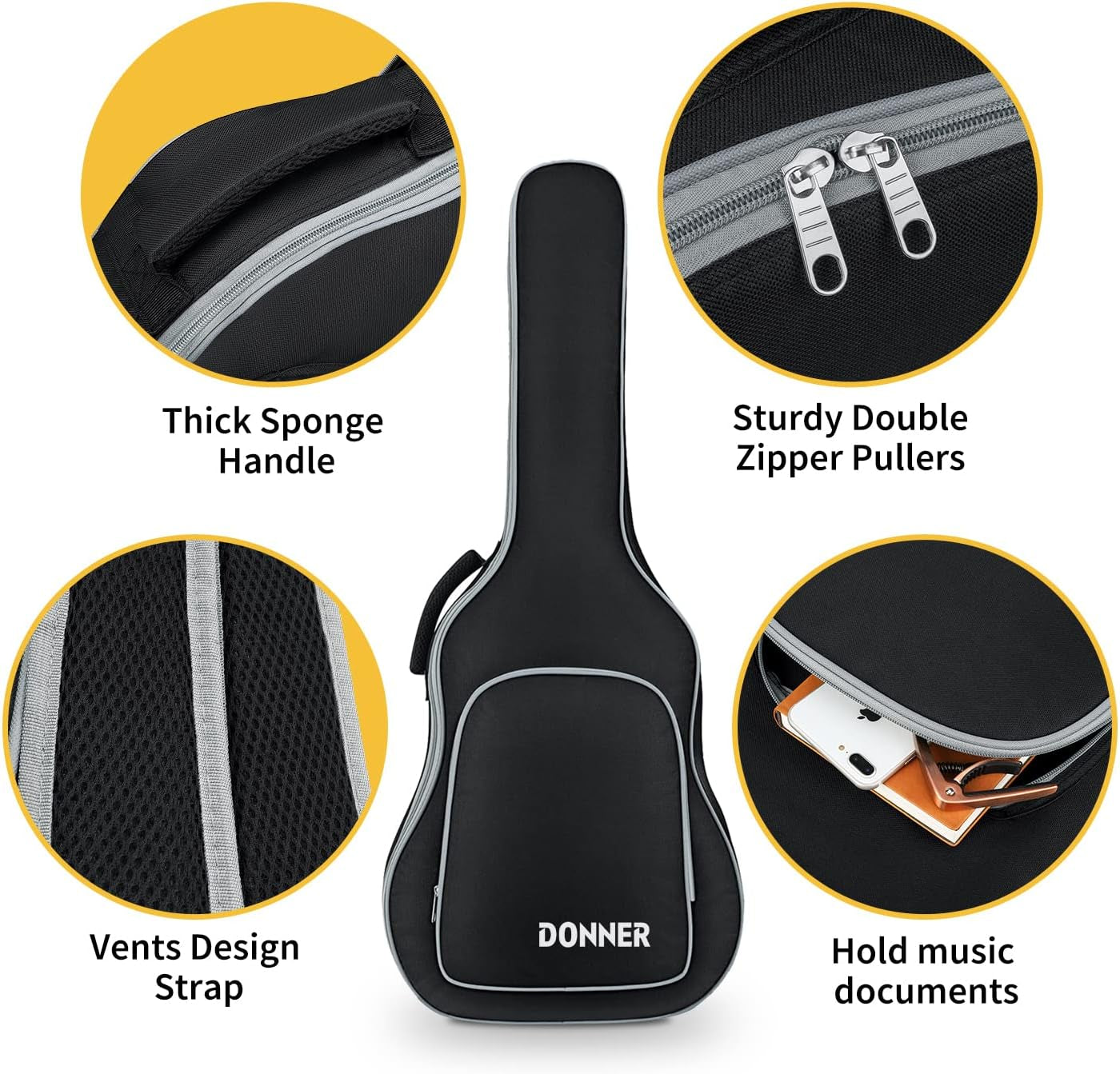 Acoustic Guitar Gig Bag 40/41 Inch, 5Mm Thickness Backpack Soft Solid Guitar Case with Adjustable Straps, Water-Resistant Nonwovens Interior Thicken Sponge Pad with Pocket, Black