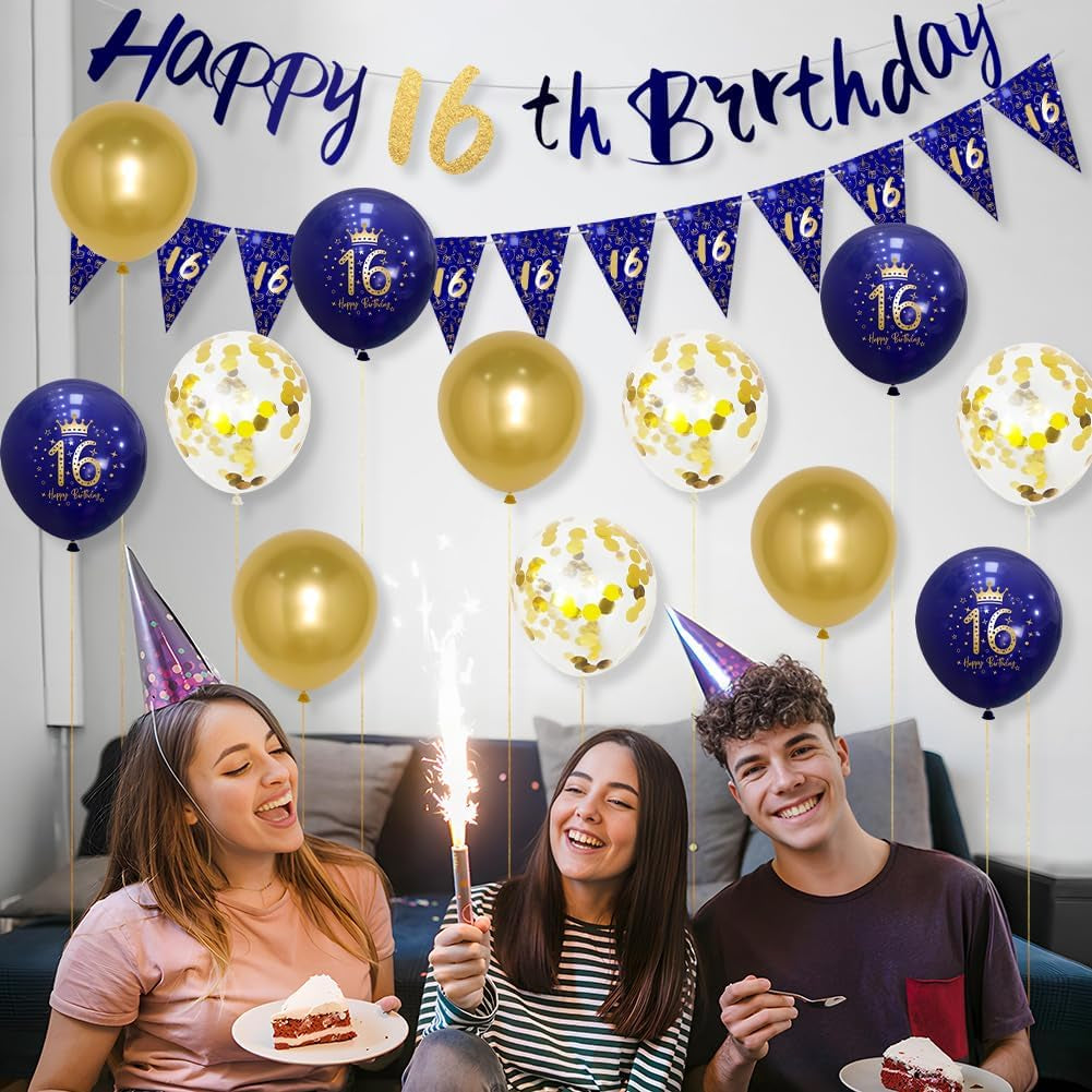 Navy Blue & Gold 16Th Birthday Party Decorations - Boys Happy Birthday Banner & Bunting Kit by