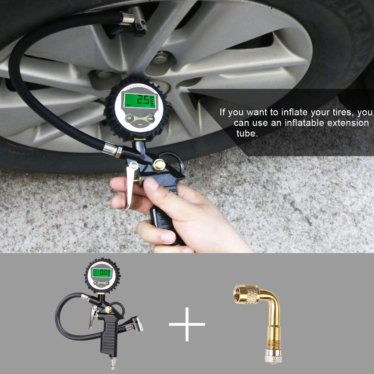 Tyre Pressure Gauge, Digital Tyre Inflator with Pressure Gauge 200 PSI Digital LCD Display, Valve Air Chuck and 90 Degree Valve Extender for Heavy Duty Car Motorcycle Bicycle