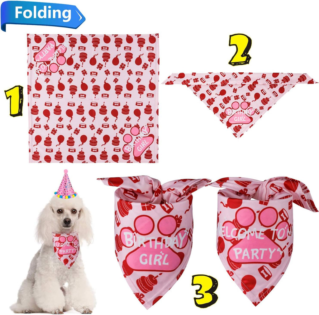 Dog Birthday Bandana, Dog Birthday Boy Hat Scarfs Flag Balloon with Cute Doggie Birthday Party Supplies Decorations (Style1, Pink)