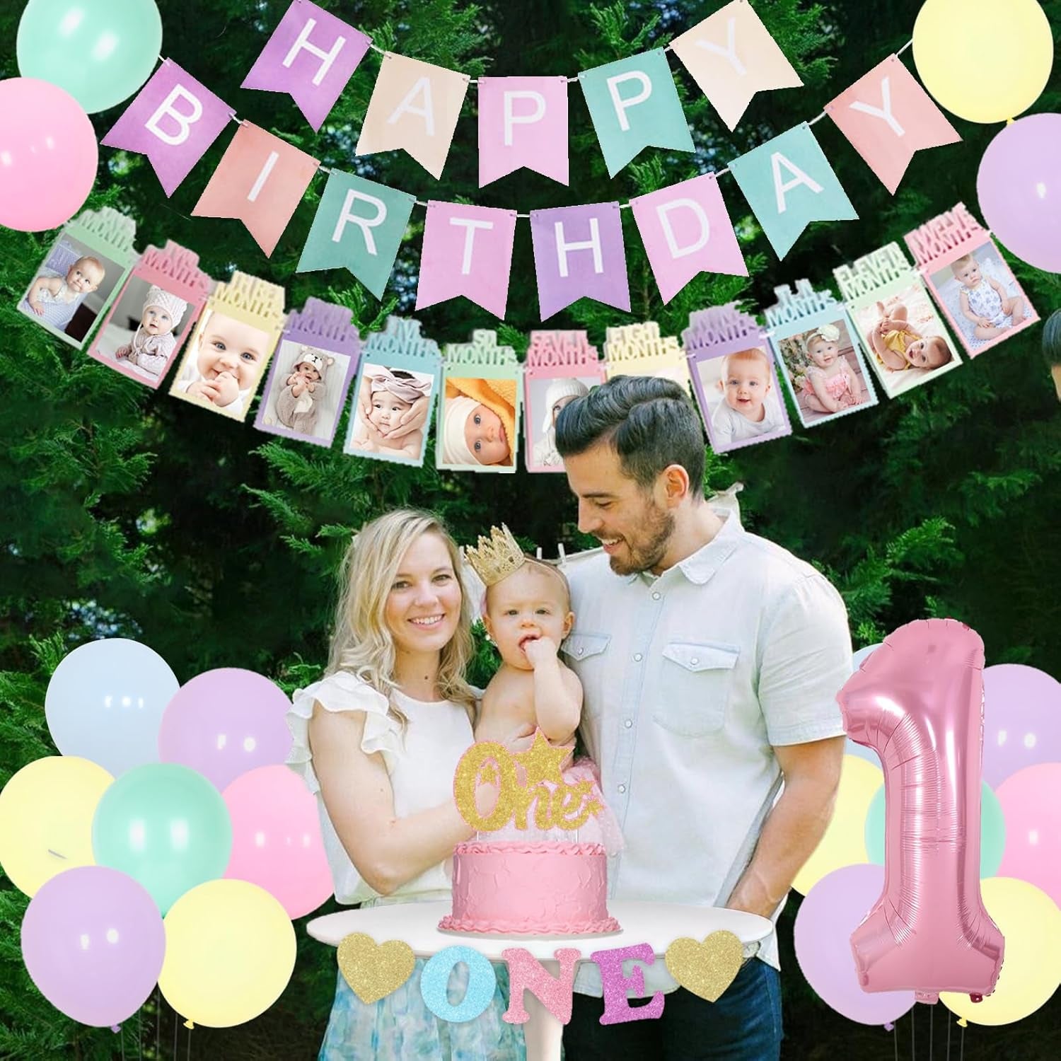 1St Birthday Decorations for Girls Pastel, Macaron Party Decorations Happy Birthday Banner High Chair and Photo Banner 1 Foil Balloon Cake Topper for First Rainbow Bday Party Supplies