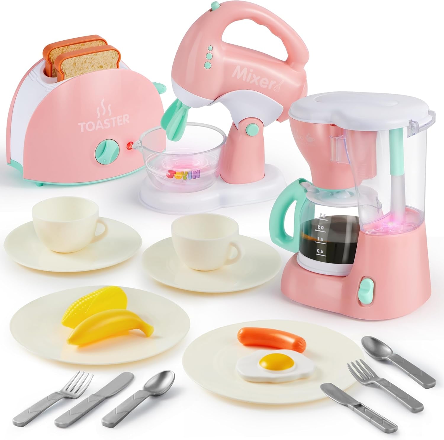 Play Kitchen Toys, Pretend Play Food Kitchen Accessories Girlstoy with Coffee Maker, Mixer, Toaster with Realistic Lights& Sounds, Birthday Gift for Kids Ages 2 3 4 5, Pink
