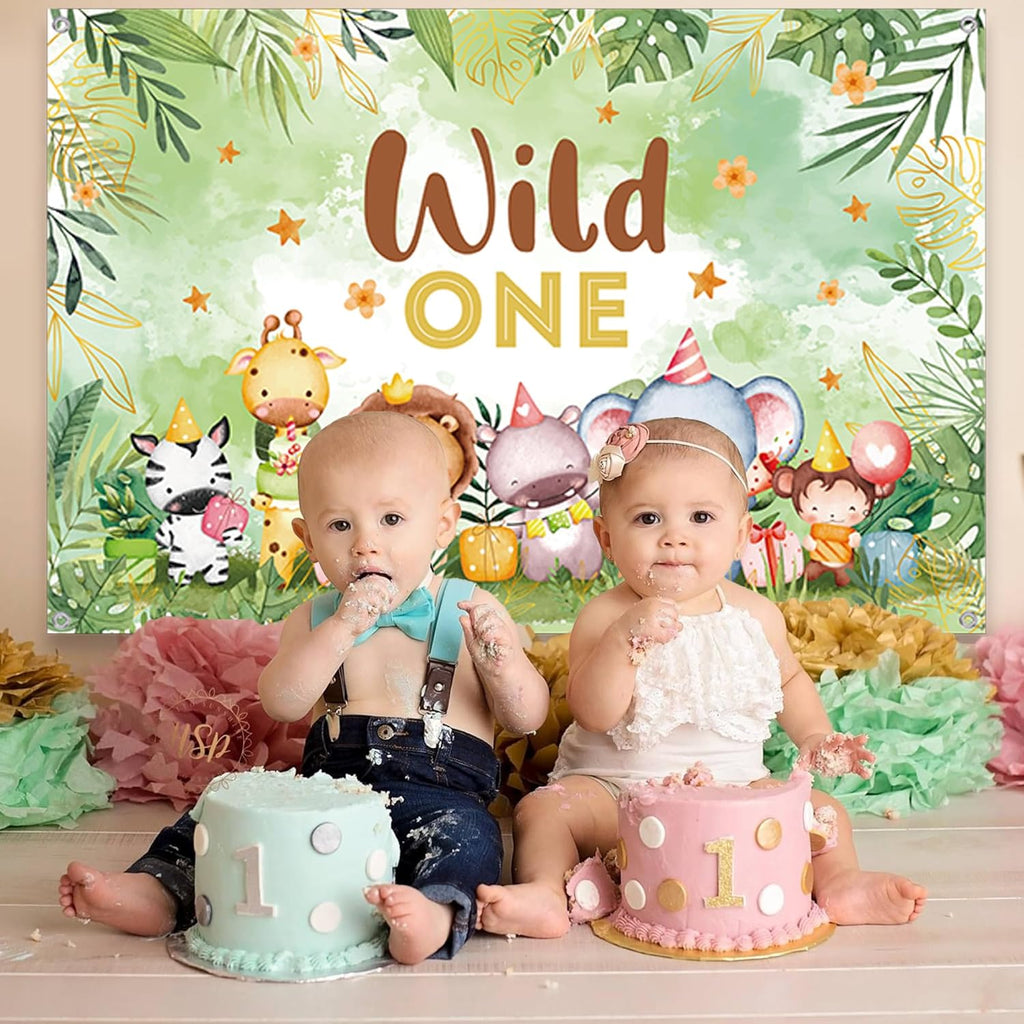Wild One Birthday Decorations Backdrop - Happy 1St Birthday Decoration Banner for Boys Girls, Jungle Animal First Party Photo Background, Kids Cartoon Animal Theme Banners Poster(180 X 120 CM)
