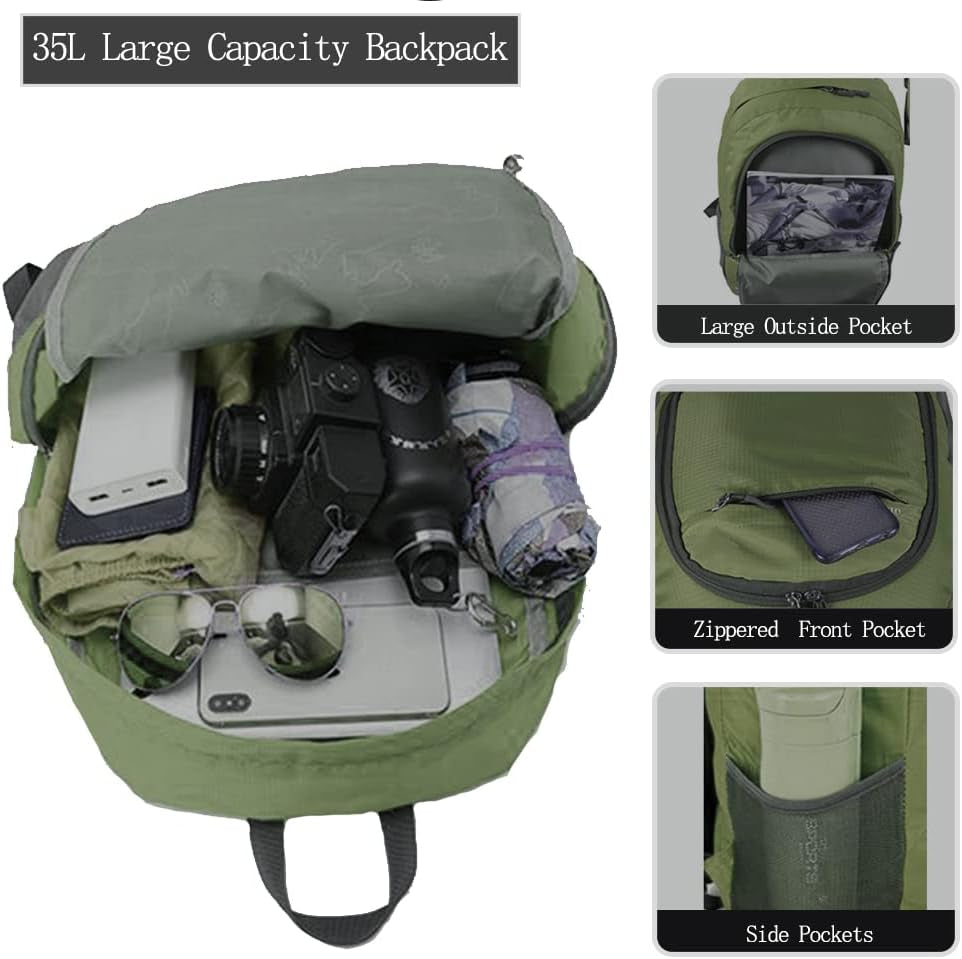 35L Hiking Backpack Ultralight Lightweight Packable Foldable Water Resistant Travel Camping Outdoor Daypack (Green)