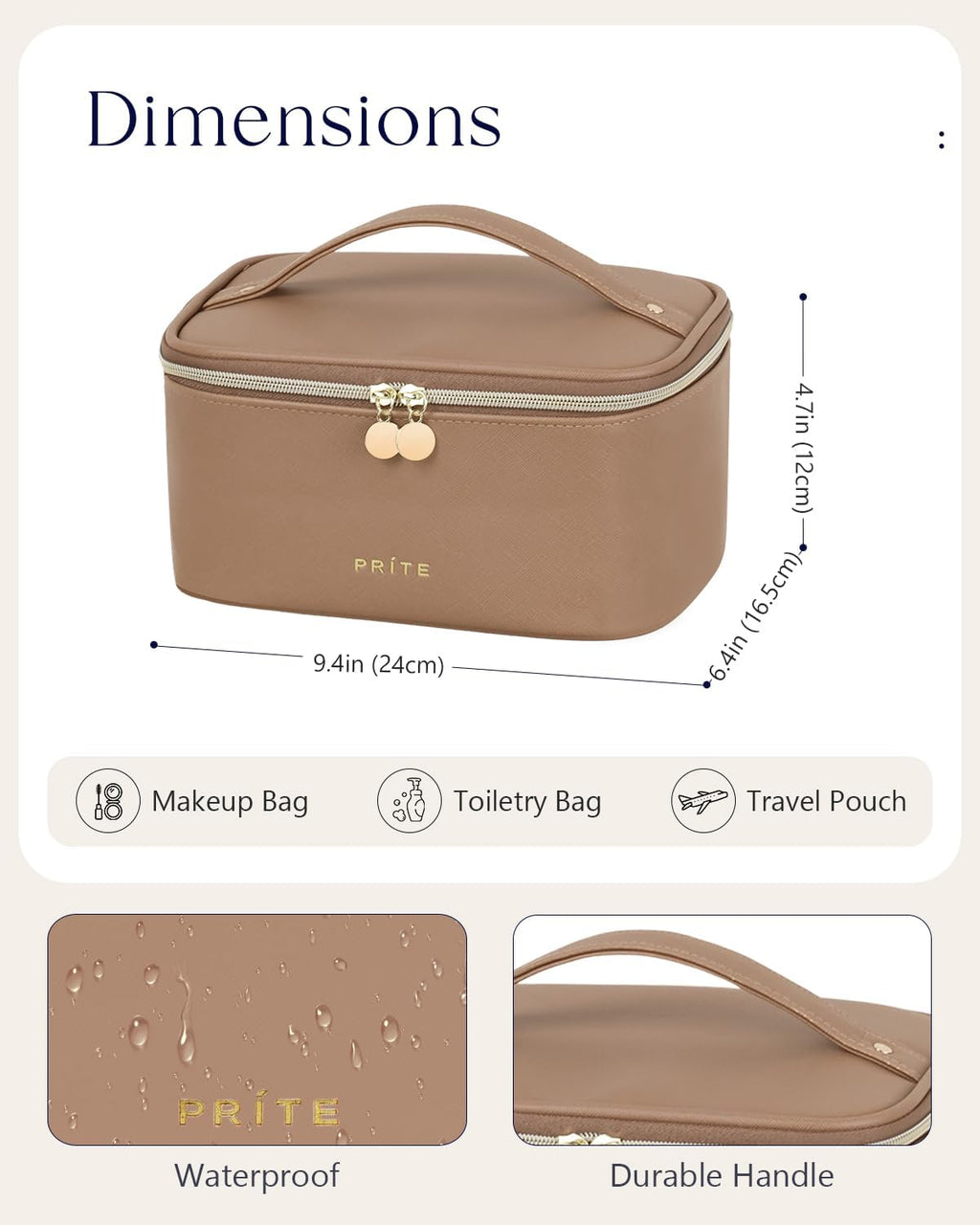 Large Makeup Bag for Women Travel Cosmetic Case Waterproof PU Leather Toiletry Bag Portable Make up Organiser with Handle and Removable Divider (Brown)