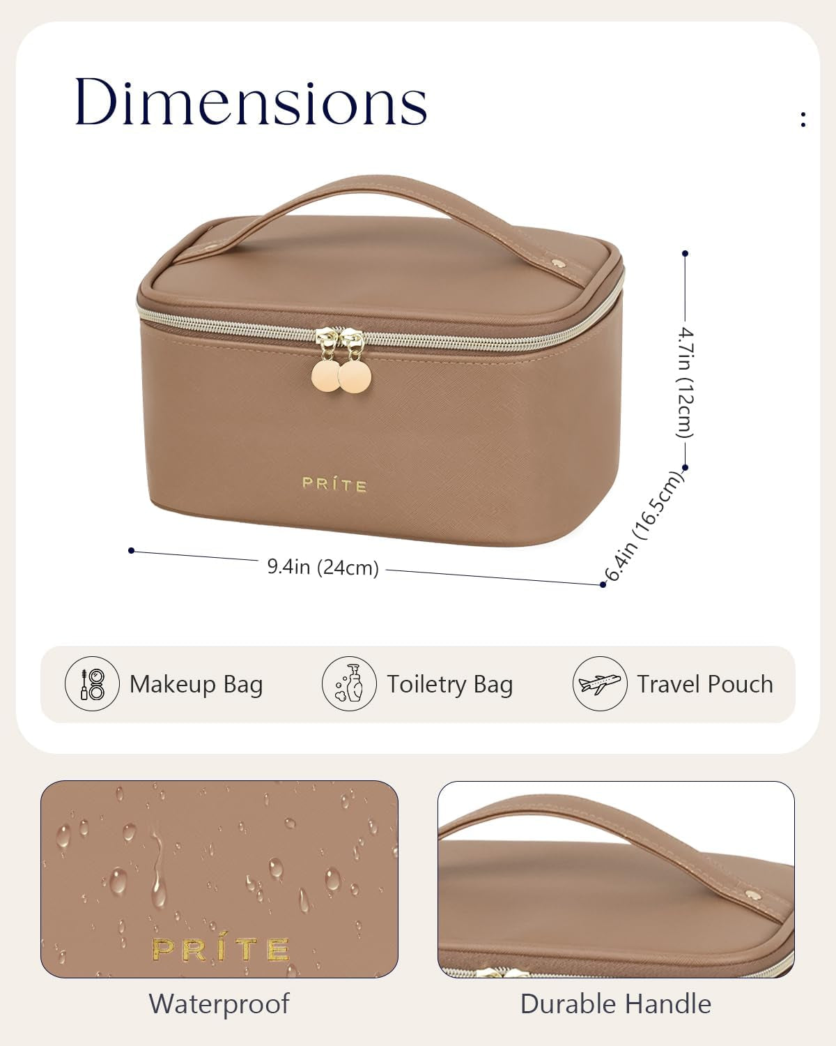 Large Makeup Bag for Women Travel Cosmetic Case Waterproof PU Leather Toiletry Bag Portable Make up Organiser with Handle and Removable Divider (Brown)