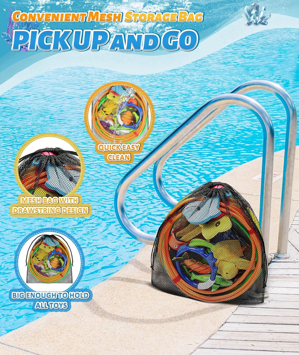 Diving Pool Swim Toys for Kids, Diving Swim Thru Rings for Toddlers Adults Pool Swim Games, Beach Pool Ball Diving Gems Octopus Pool Torpedo Shark Fish, Diving Hoops Toys Bulk Set with Mesh Bag