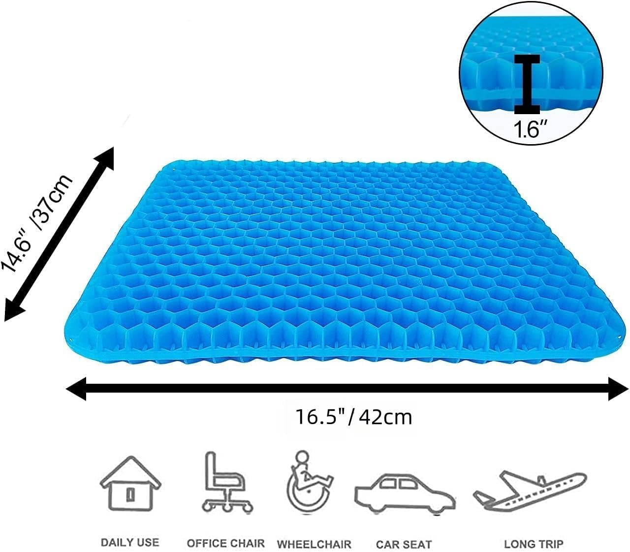 1.4"(4CM) Thick Gel Seat Cushion, Double Large Breathable Honeycomb Design Cool Gel Cushion with Washable Seat Cover for Office Chair Car Wheelchair,Pressure Relief Back Tailbone Pain