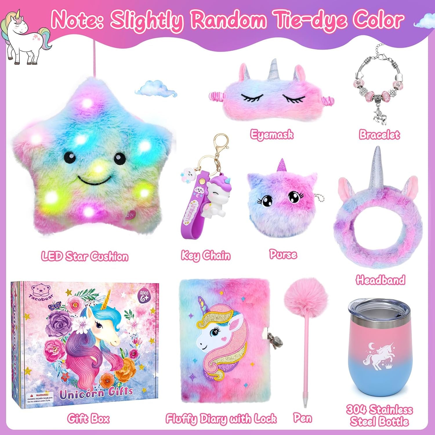 Unicorns Gifts for Girls Kids Toys 6 7 8 9 10 Years Old with Star Light up Pillow Stationery Plush Diary with Lock Headband Eye Mask Water Bottle Teen Girl Birthday Christmas Unicorn Toy
