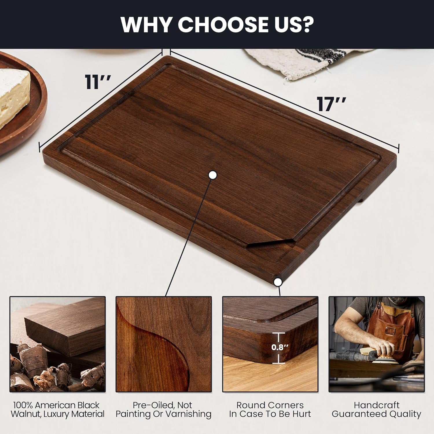 American Black Walnut Cutting Board for Kitchen (17”X11”X0.8”) Pre-Oiled Wooden Chopping Board Walnut End Grain with Juice Groove & Handlers, Reversible Butcher Block