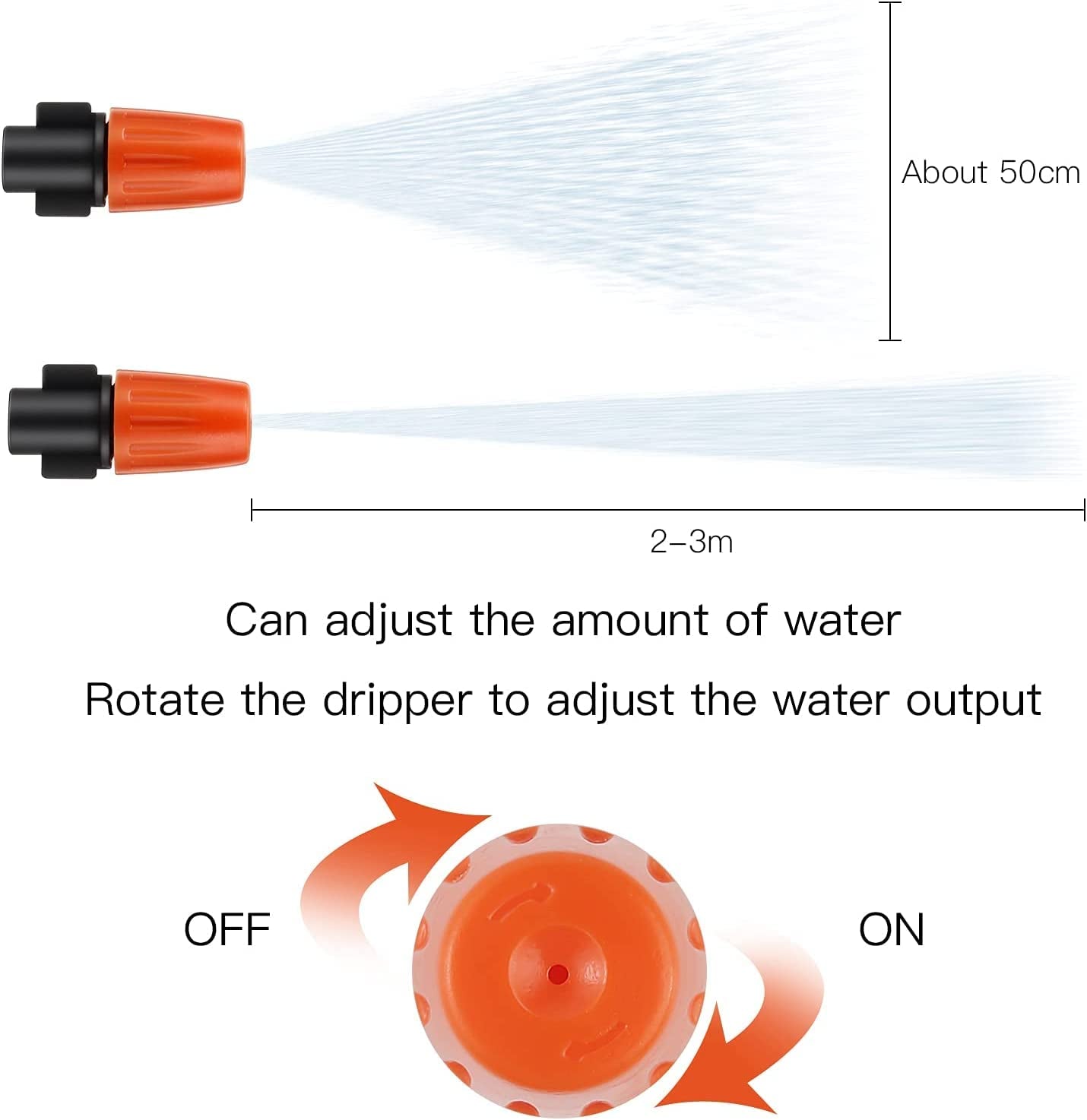 50 Pcs Adjustable Irrigation Drippers with Connect Tee, Garden Irrigation Misting System Sprinkler Patio Mister Micro Spray Misting Drip Kit(Orange)