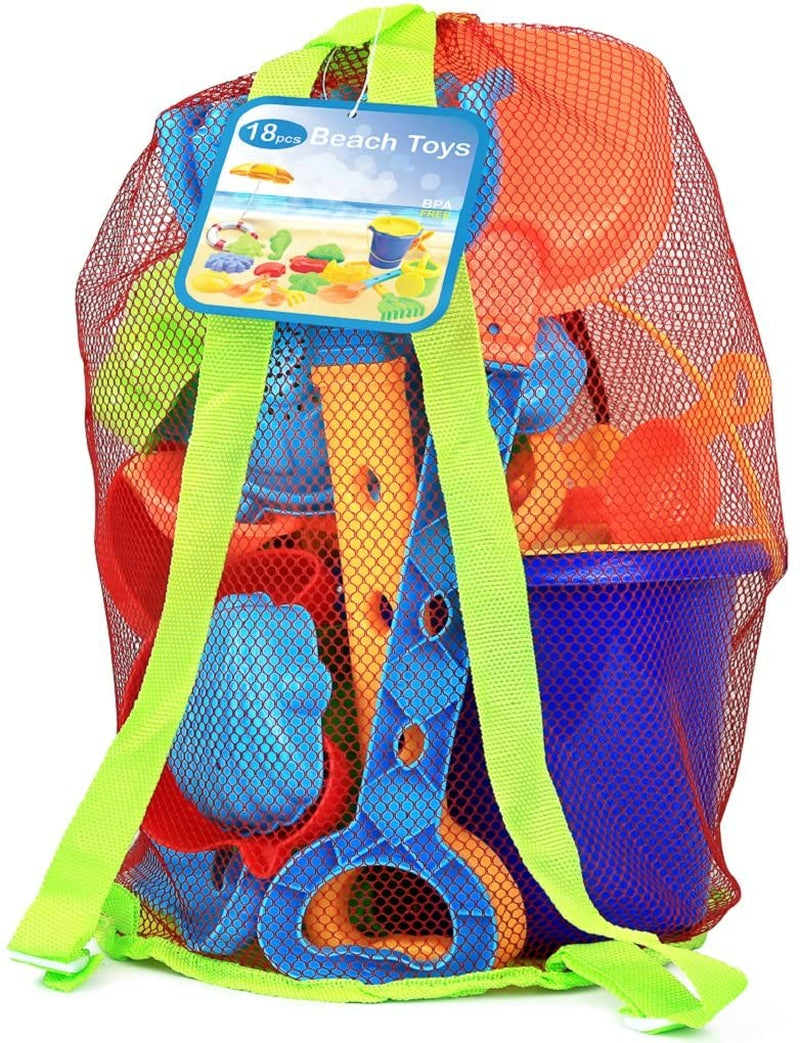 Beach Toys for Kids 3-10 - 18Pc Sand Toys Including Sand Buckets for Kids with Sifter, Watering Can, Rake, 4 Hand Tools, 10 Sand Molds & Mesh Beach Toy Bag - Sandbox Toys for Toddlers