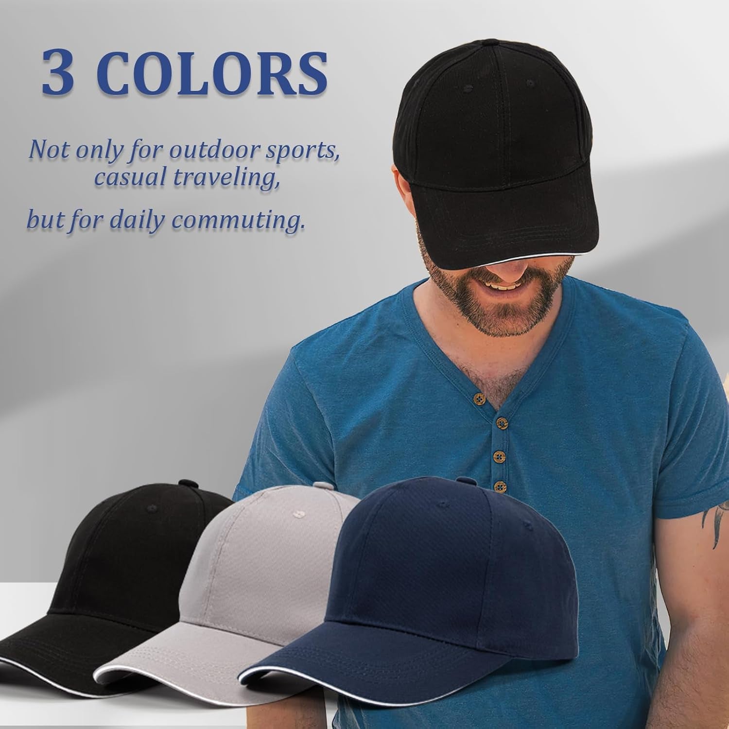 3 Pack Baseball Caps, Full Cotton Men'S Hats & Caps, Adjustment Hats for Golf Running Sports Outdoor Workouts, Blue+Grey+Black Caps