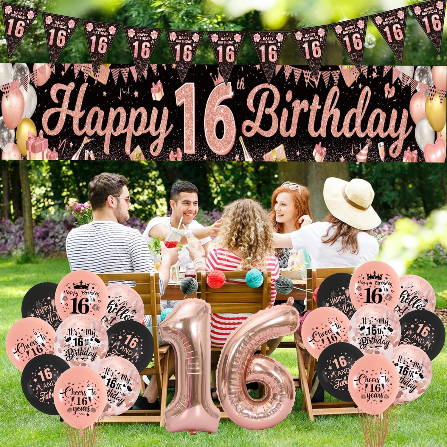 16Th Birthday Decorations for Girls - Rose Gold 16Th Birthday Decorations Includes 16Th Birthday Banner, Latex Balloons, Pennants, Number Balloons, for Indoor and Outdoor 16Th Birthday Party