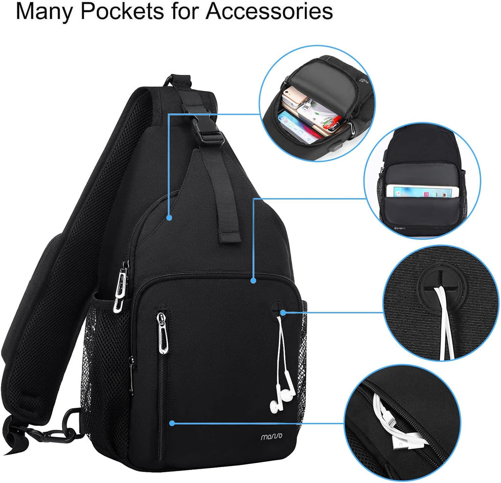 Sling Backpack Bag, Crossbody Shoulder Bag Travel Hiking Daypack Chest Bag with Front Square Pocket&Usb Charging Port