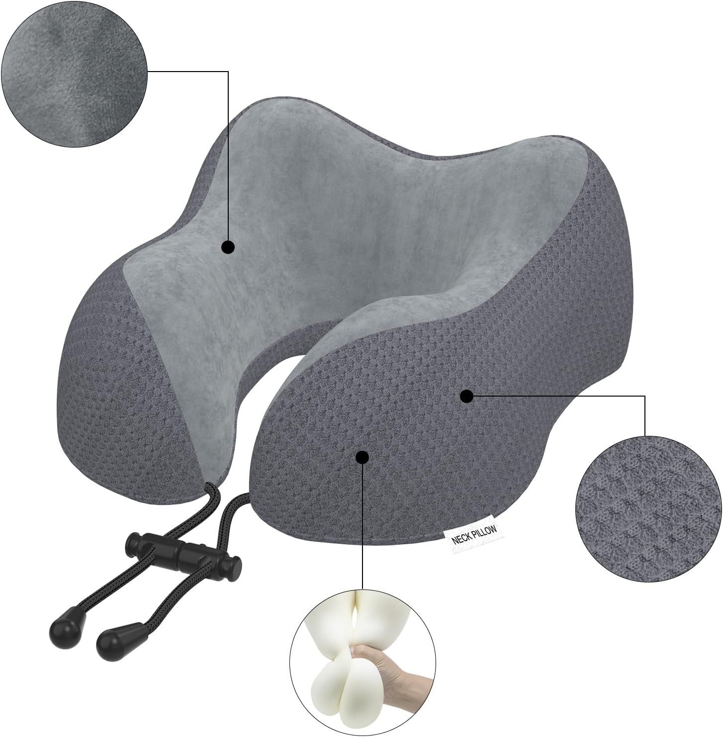 Travel Pillow Neck Pillow for Travel Airplane Memory Foam Flight Pillow for Cars, Trains, Home, Offices（Dark Grey）