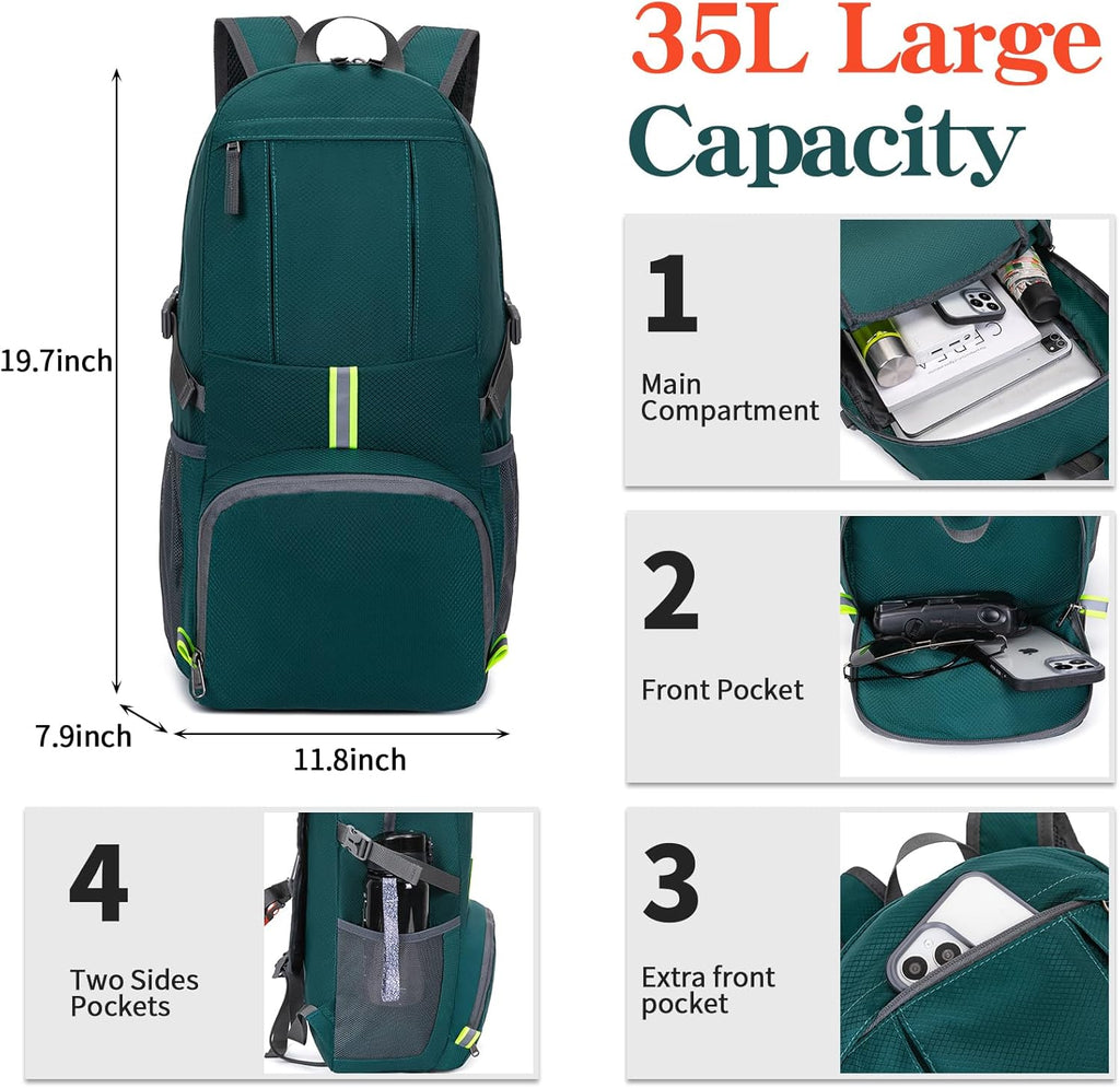Hiking Backpack, 35L Camping Travel Backpack Packable Outdoor Sports Camping, Water Resistant Lightweight Travel Daypack for Men Women, Green