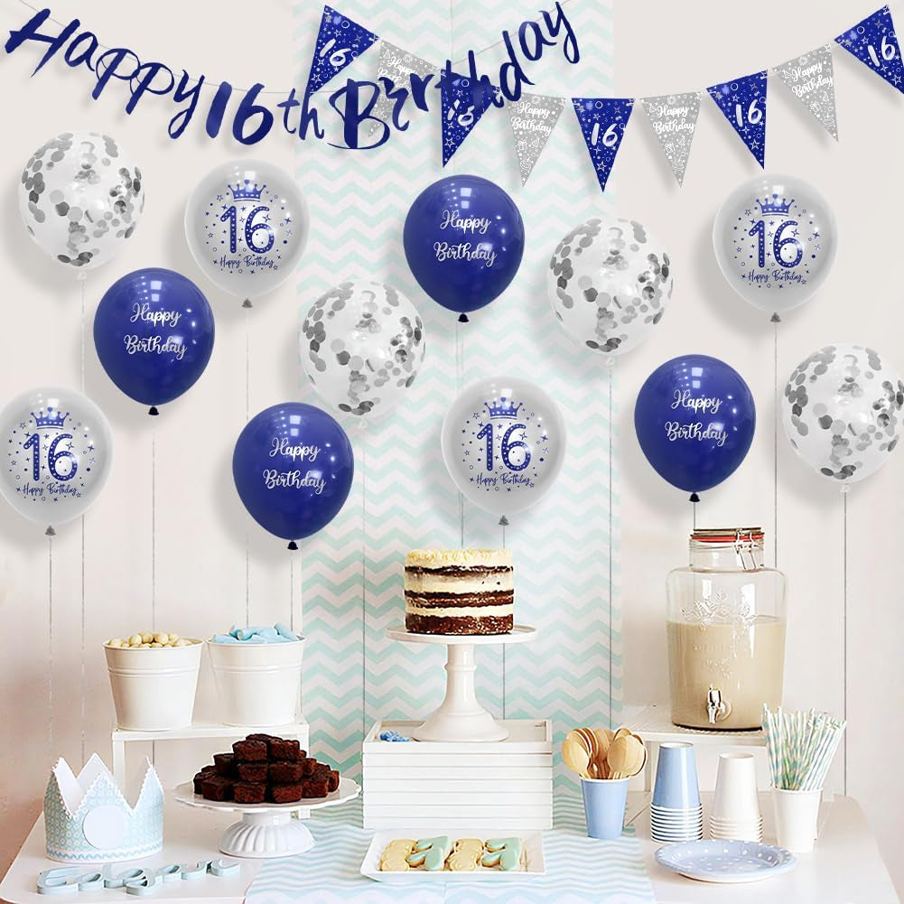 Boys 16Th Birthday Decorations Blue Silver Party Kit - Happy Birthday Banner Bunting