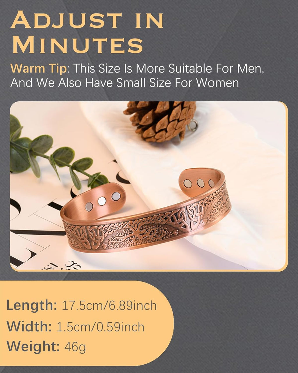 Copper Magnetic Bracelet for Men Women,Tree of Life 100% Solid Copper Cuff Bangle with 6 3500 Guass Magnets,Adjustable Size Brazaletes with Jewellry Gift Box