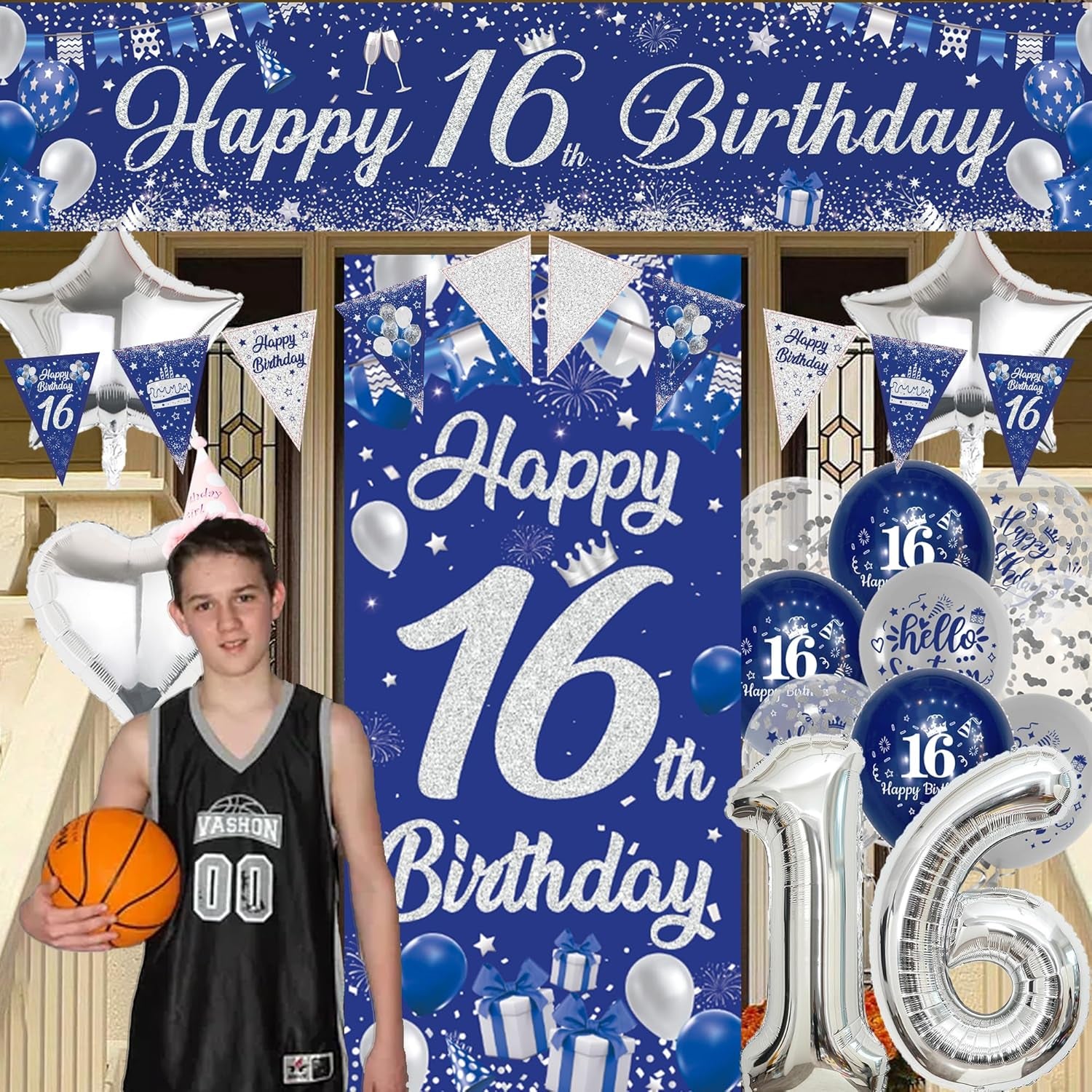 16Th Birthday Decorations for Boys Girls - Happy Birthday Yard Banner Number 16 Foil Balloons Bunting Latex Balloon Door Backdrop, Blue Silver Anniversary Decoration for 16 Years Old Party Supplies