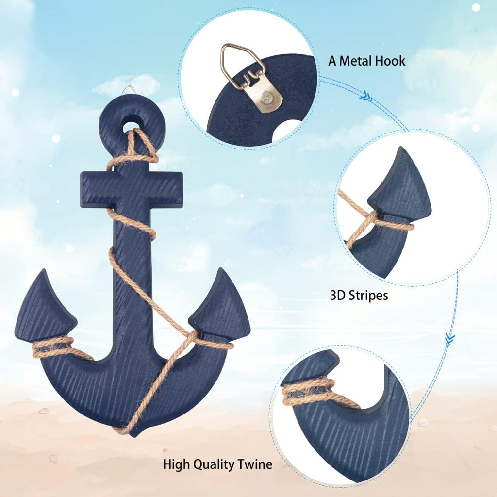 Fangoo 2 Pack 28 CM Wooden Ship Wheel and 33 CM Wood Anchor with Rope Nautical Boat Steering Rudder Wall Decor Door Hanging Ornament