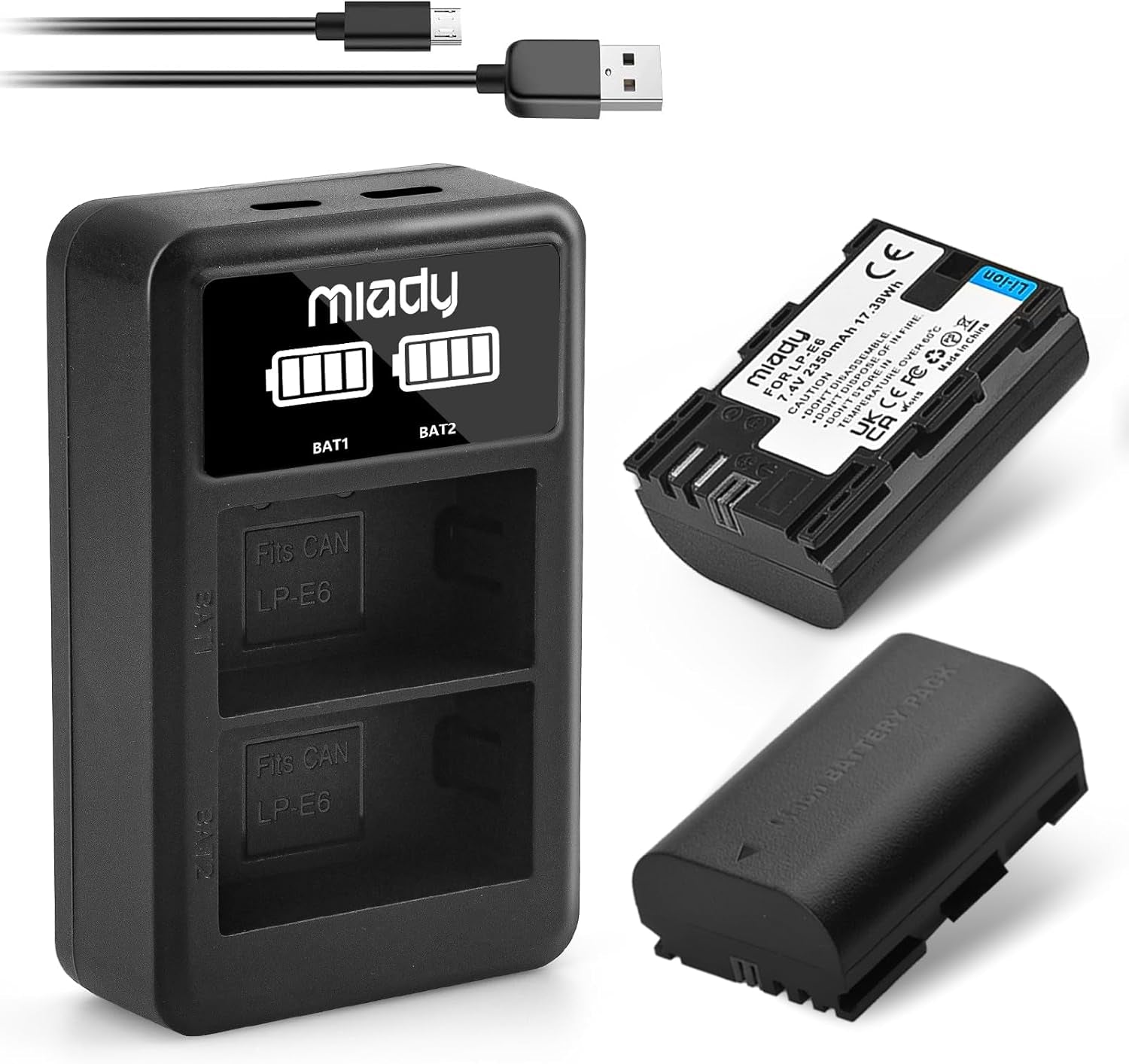 2-Pack LP-E6/LP-E6N Battery and Dual LCD Battery Charger Set - Compatible with EOS 5D Mark II, 5D Mark IV, 6D, 7D, 60D, 70D, 80D, 2350Mah/7.4V