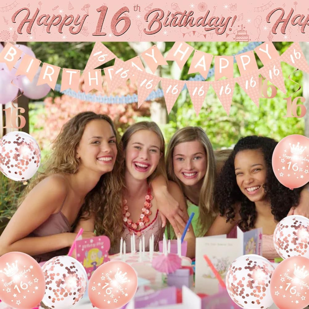 16Th Birthday Decorations for Girls-Rose Gold 16Th Birthday Banners Balloons Bunting for Her,Happy Birthday Party Decor Include Banner Bunting Hanging Swirls Triangle Flags Confetti Latex Balloons