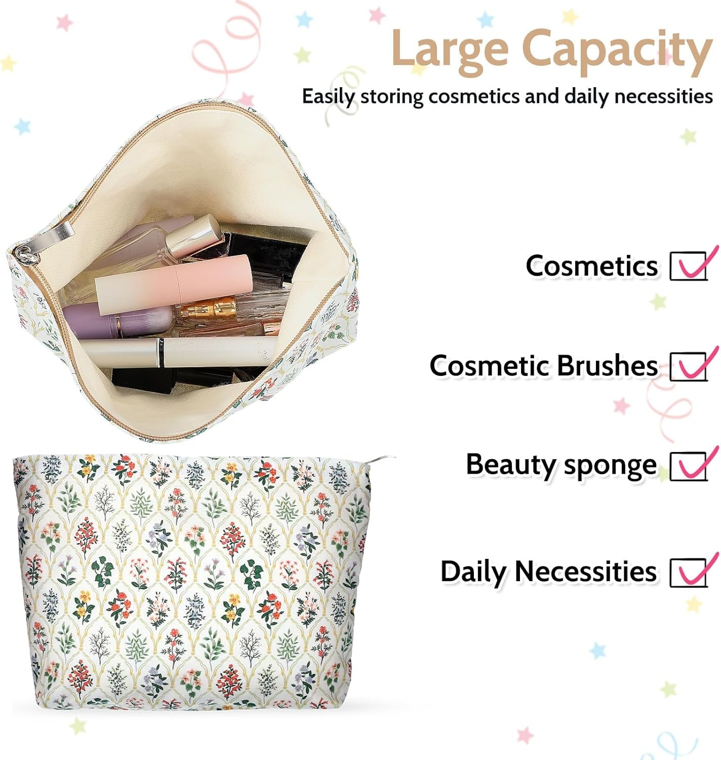Makeup Bag Large Capacity Elegant Bow Preppy Cosmetic Bag Aesthetic Design Canvas Zipper Organizer Pouch Cute Roomy Pink Portable Toiletry Bag for Women Girls Travel Storage Accessories, Flower Color,