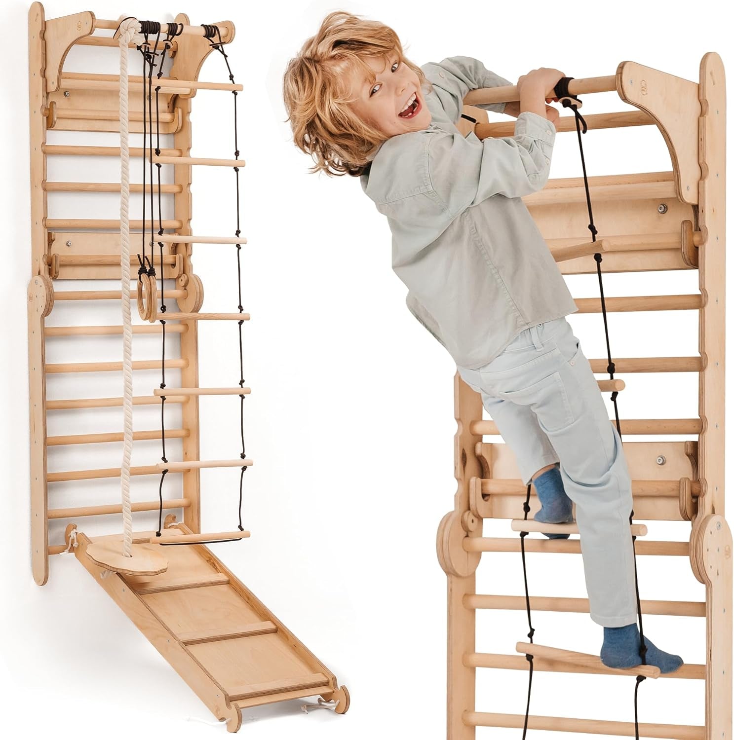 6-In-1 Indoor Playground for Kids – Wooden Swedish Wall, Climbing Ladder, Slide, Swing, Gymnastics Rings, Rock Climbing Wall – Jungle Gym Play Set for Ages 2-12