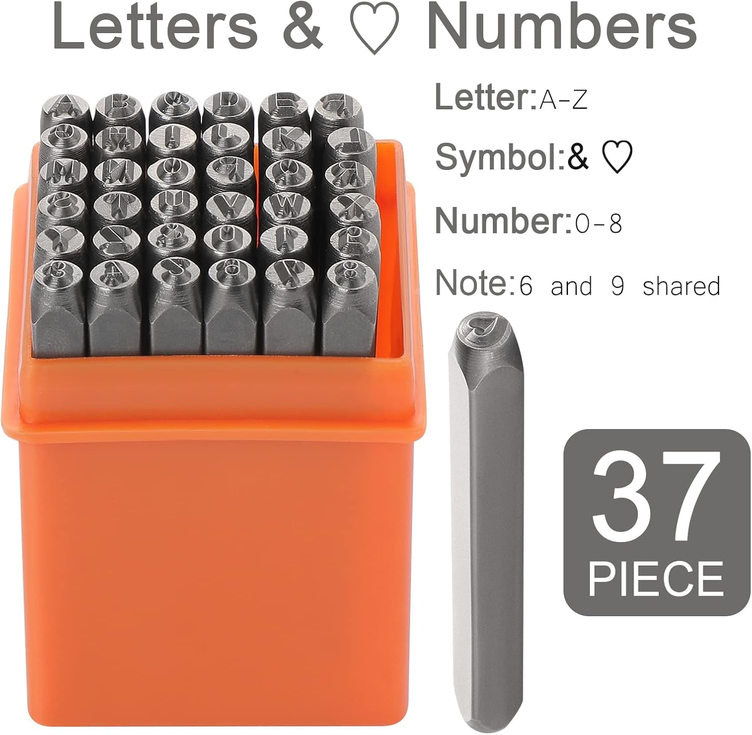 37 Pcs Number and Letter Punch Set, 3Mm Metal Stamping Tool Set, A-Z, 0-9, &, Heart Shape, Letter Number and Symbols Stamp Punch for Stamping Metal Wood Plastic Leather