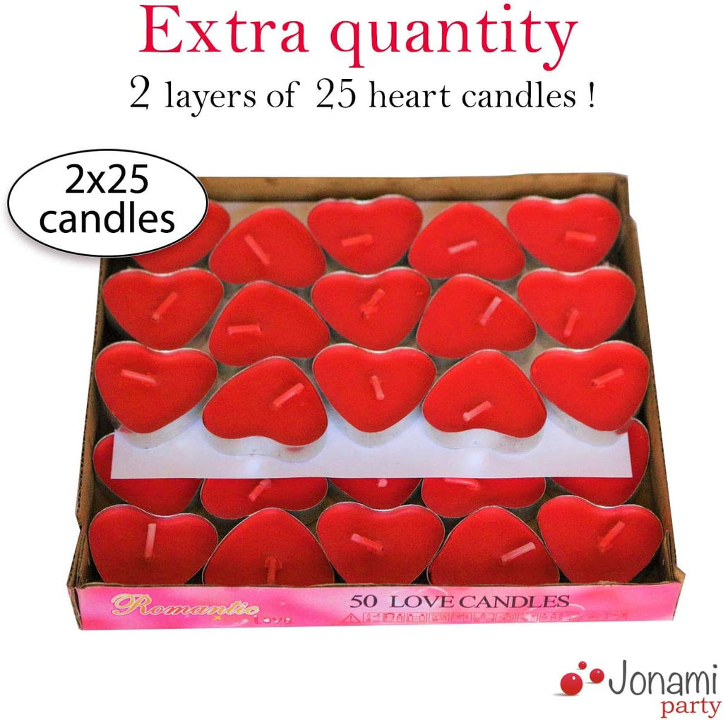 Romantic Decorations, Candles and Petals Set, 50 Love Heart Shaped Floating Tea Lights Candles + 1000 Silk Red Rose Petals + 5 Red Heart Shaped Foil Balloons for Wedding, St Valentine and Engagement