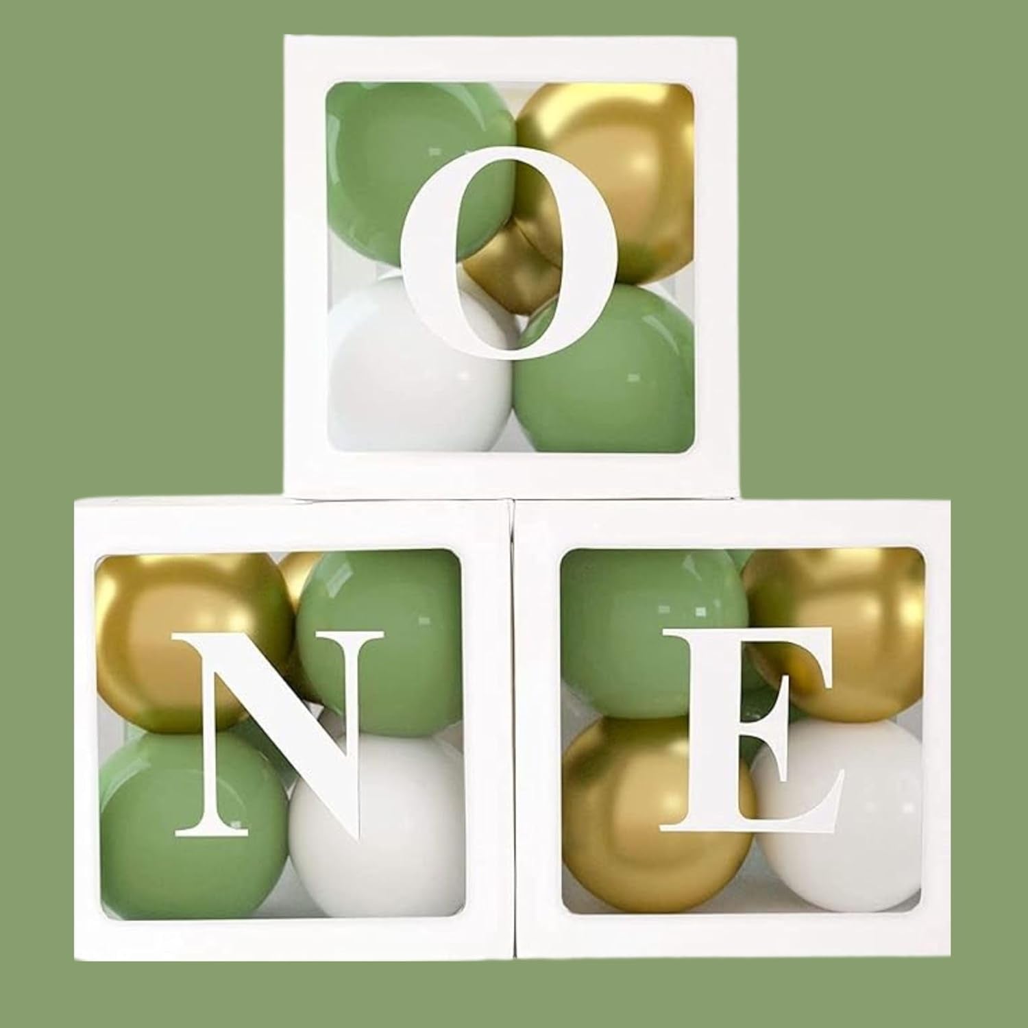 Wild One Birthday Decorations, 1St Birthday Decorations for Boys - Includes 'O N E' Boxes, Wild One Banner, 35 X Green & Gold Baloons - Jungle Safari Party Decorations