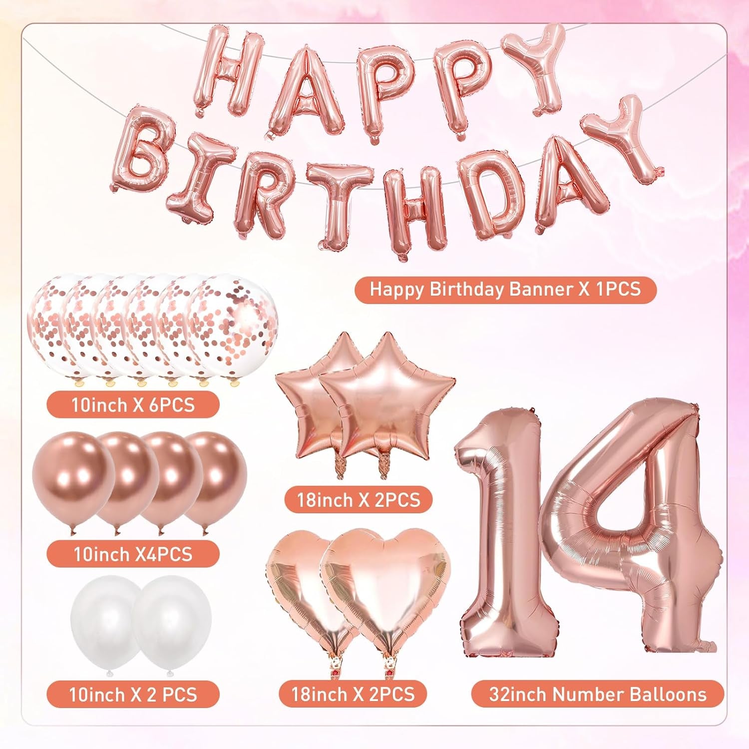 14Th Birthday Decorations for Girls, Rose Gold 14Th Birthday Decorations, Rose Gold 32 Inch Number 14 Foil Balloon with Banner, Star Confetti Balloon for 14 Party Deko